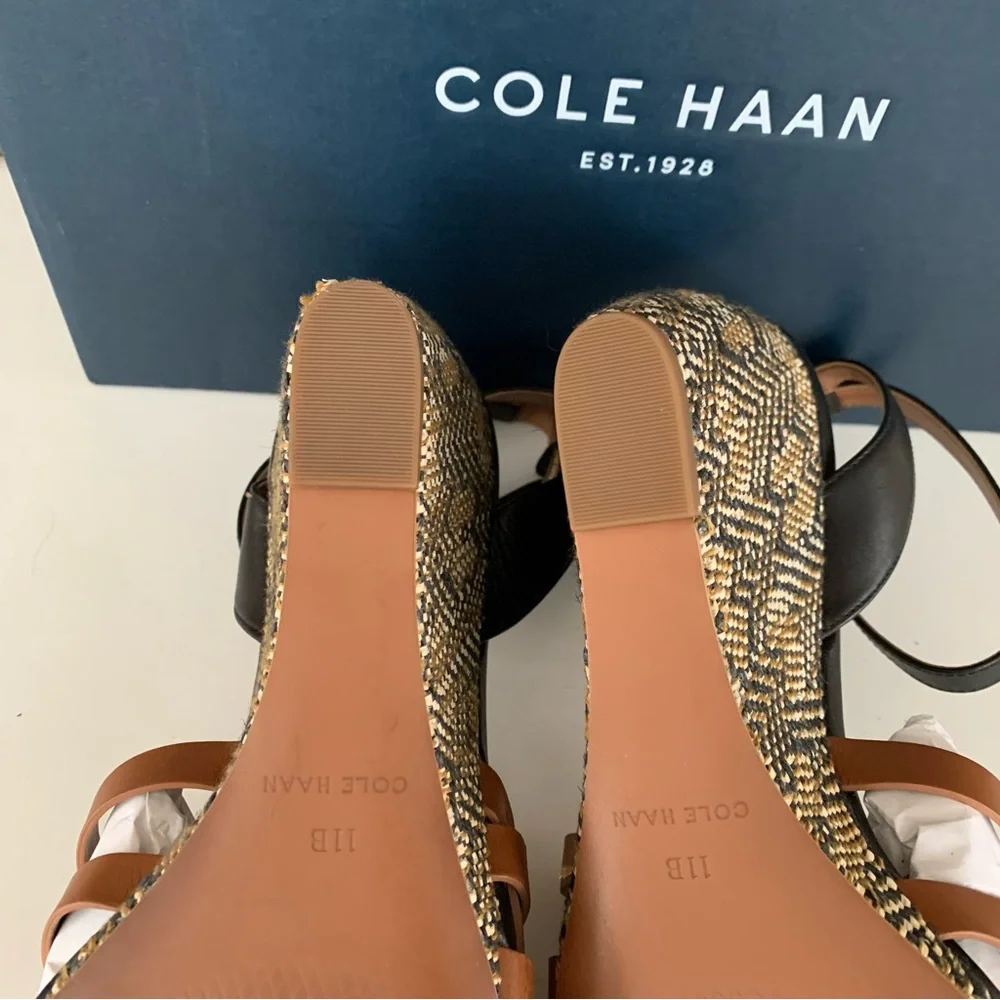 Cole Haan Myra Grand Wedge Sandals Women’s US 11 M Braided Black/Tan Leather NEW - Picture 7 of 8